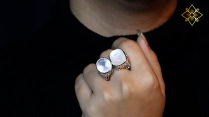 Carventurous Faceted Moon Quartz Hand Carved Natural Quartz and Mother of Pearl Open and Close Sunray Ring in Sterling Silver