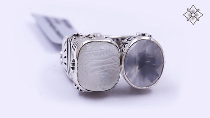 Carventurous Faceted Moon Quartz Hand Carved Natural Quartz and Mother of Pearl Open and Close Sunray Ring in Sterling Silver