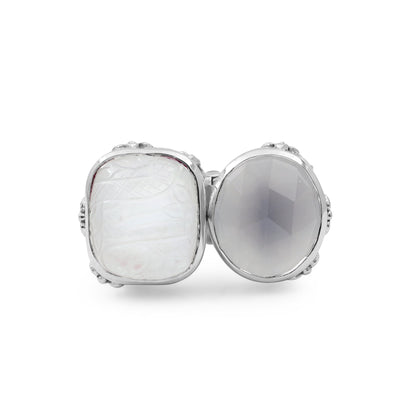 Carventurous Faceted Moon Quartz Hand Carved Natural Quartz and Mother of Pearl Open and Close Sunray Ring in Sterling Silver