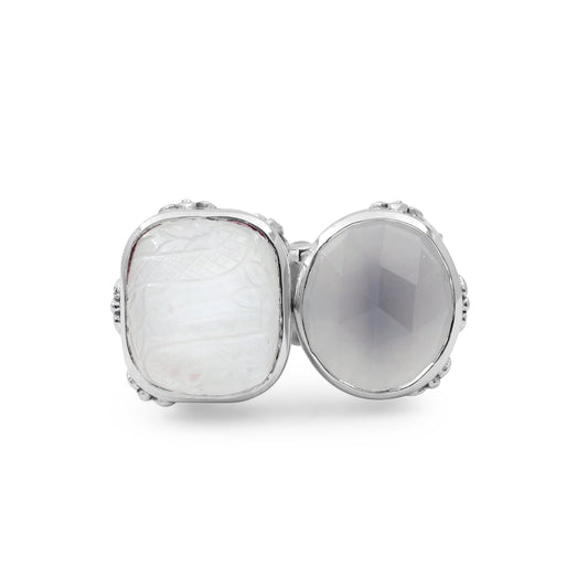 Carventurous Faceted Moon Quartz Hand Carved Natural Quartz and Mother of Pearl Open and Close Sunray Ring in Sterling Silver
