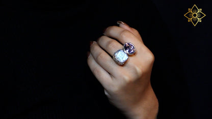 Carventurous Faceted Amethyst Hand Carved Natural Quartz Mother of Pearl and Amethyst Open and Close Sunray Ring in Sterling Silver