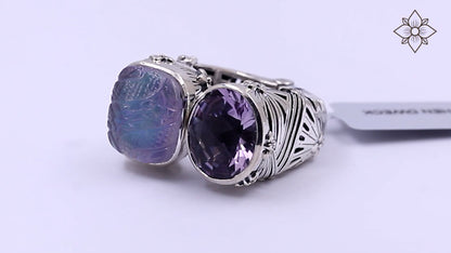 Carventurous Faceted Amethyst Hand Carved Natural Quartz Mother of Pearl and Amethyst Open and Close Sunray Ring in Sterling Silver