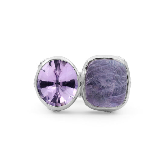 Carventurous Faceted Amethyst Hand Carved Natural Quartz Mother of Pearl and Amethyst Open and Close Sunray Ring in Sterling Silver