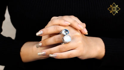 Carventurous Faceted Blue Topaz Natural Quartz Mother of Pearl and Green Agate Open and Close Sunray Ring in Sterling Silver