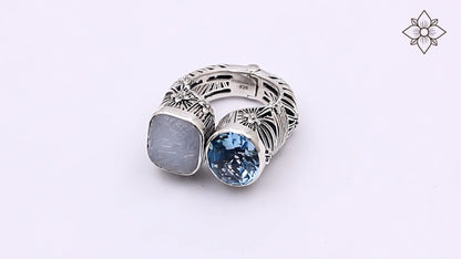 Carventurous Faceted Blue Topaz Natural Quartz Mother of Pearl and Green Agate Open and Close Sunray Ring in Sterling Silver