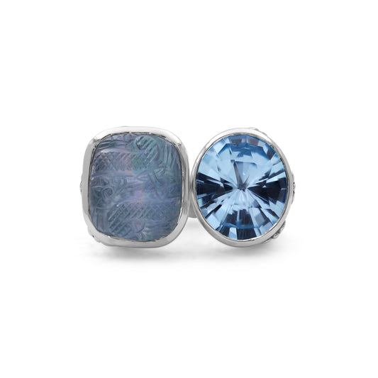 Carventurous Faceted Blue Topaz Natural Quartz Mother of Pearl and Green Agate Open and Close Sunray Ring in Sterling Silver