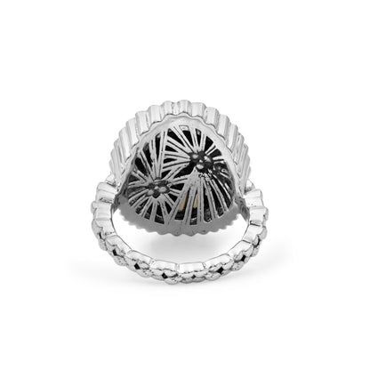 Carventurous Internally Carved Natural Quartz Gold Lining with Champagne Diamonds Ring in Sterling Silver with 18K Gold Flowers