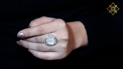 Carventurous Internally Carved Natural Quartz Gold Lining with Champagne Diamonds Ring in Sterling Silver with 18K Gold Flowers
