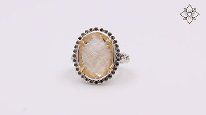 Carventurous Internally Carved Natural Quartz Gold Lining with Champagne Diamonds Ring in Sterling Silver with 18K Gold Flowers