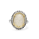 Carventurous Internally Carved Natural Quartz Gold Lining with Champagne Diamonds Ring in Sterling Silver with 18K Gold Flowers