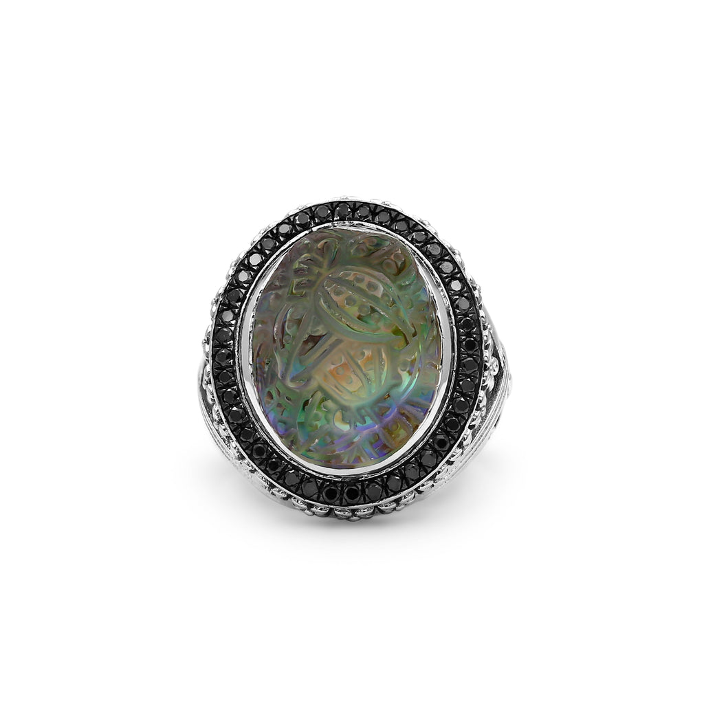 Carventurous Hand Carved Natural Quartz Abalone and Black Diamond 0.50ct Ring in Sterling Silver