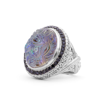 Carventurous Hand Carved Natural Quartz and Abalone Ring in Sterling Silver with 0.90ct Black Diamonds