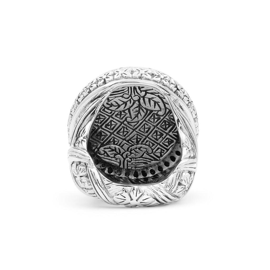 Carventurous Hand Carved Natural Quartz and Abalone Ring in Sterling Silver with 0.90ct Black Diamonds