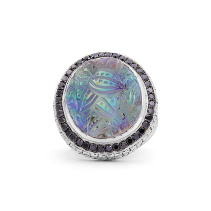 Carventurous Hand Carved Natural Quartz and Abalone Ring in Sterling Silver with 0.90ct Black Diamonds