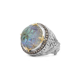 Carventurous Hand Carved Natural Quartz and Abalone Ring in Sterling Silver with Champagne Diamonds and 18K Gold Flowers
