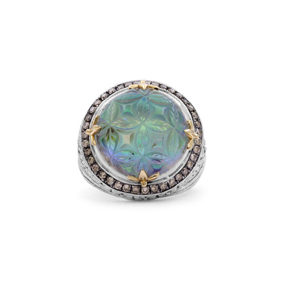 Carventurous Hand Carved Natural Quartz and Abalone Ring in Sterling Silver with Champagne Diamonds and 18K Gold Flowers