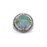 Carventurous Hand Carved Natural Quartz and Abalone Ring in Sterling Silver with Champagne Diamonds and 18K Gold Flowers