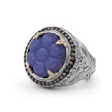 Carventurous Hand Carved Chalcedony Ring in Sterling Silver with Champagne Diamonds and 18K Gold Flowers