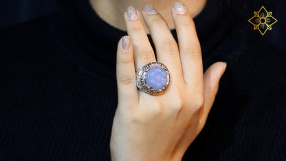 Carventurous Hand Carved Chalcedony Ring in Sterling Silver with Champagne Diamonds and 18K Gold Flowers