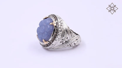 Carventurous Hand Carved Chalcedony Ring in Sterling Silver with Champagne Diamonds and 18K Gold Flowers