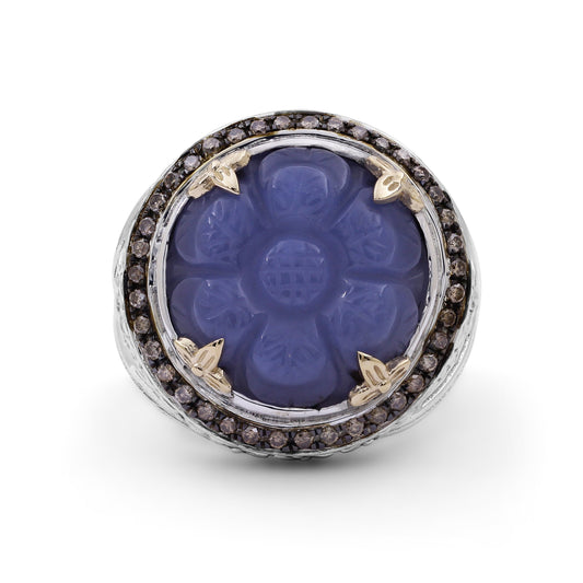 Carventurous Hand Carved Chalcedony Ring in Sterling Silver with Champagne Diamonds and 18K Gold Flowers