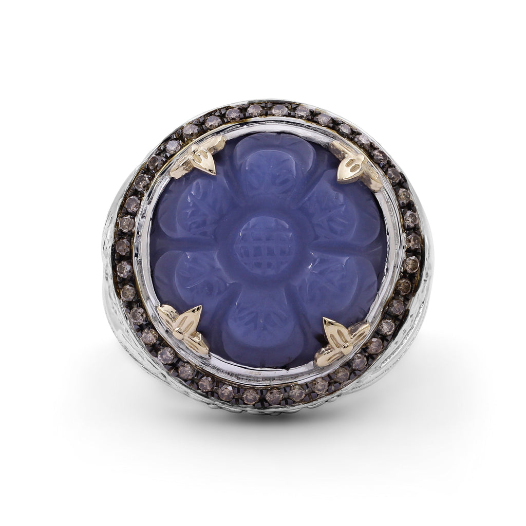 Carventurous Hand Carved Chalcedony Ring in Sterling Silver with Champagne Diamonds and 18K Gold Flowers