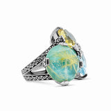 Rockrageous Cluster Ring with Gold Rutilated Quartz over Turquoise with Citrine and Swiss Blue Topaz in Sterling Silver