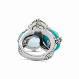 Rockrageous Cluster Ring with Gold Rutilated Quartz over Turquoise with Citrine and Swiss Blue Topaz in Sterling Silver