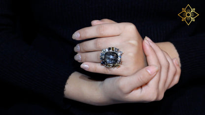 Rockrageous Gold Hair Rutilated Quartz Hematite Sky Swiss and London Blue Topaz Cognac Whiskey and Smoky Quartz Ring in Sterling Silver