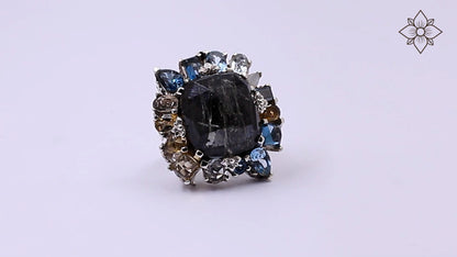 Rockrageous Gold Hair Rutilated Quartz Hematite Sky Swiss and London Blue Topaz Cognac Whiskey and Smoky Quartz Ring in Sterling Silver