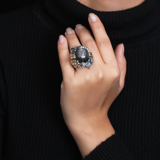 Rockrageous Gold Hair Rutilated Quartz Hematite Sky Swiss and London Blue Topaz Cognac Whiskey and Smoky Quartz Ring in Sterling Silver