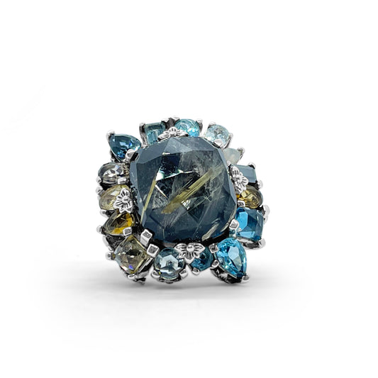Rockrageous Gold Hair Rutilated Quartz Hematite Sky Swiss and London Blue Topaz Cognac Whiskey and Smoky Quartz Ring in Sterling Silver