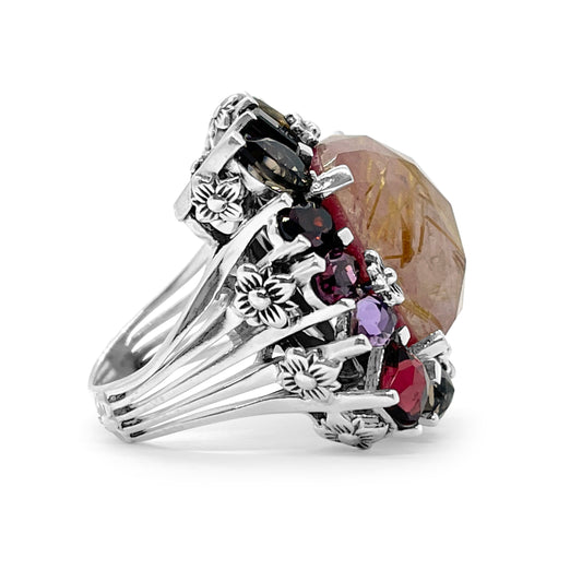 Rockrageous Gold Rutilated Quartz Mother of Pearl Rhodonite Citrine Yellow and Lemon Quartz Amethyst Lavender Moon Quartz Pink Tourmaline Smoky and Cognac Quartz Ring in Sterling Silver
