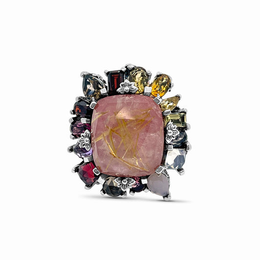 Rockrageous Gold Rutilated Quartz Mother of Pearl Rhodonite Citrine Yellow and Lemon Quartz Amethyst Lavender Moon Quartz Pink Tourmaline Smoky and Cognac Quartz Ring in Sterling Silver