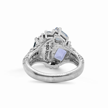 Rockrageous Hand Carved Mother of Pearl Amethyst Pink Tourmaline Lavender Moon Quartz and Chalcedony Cluster Ring in Sterling Silver