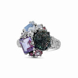 Rockrageous Hand Carved Mother of Pearl Amethyst Pink Tourmaline Lavender Moon Quartz and Chalcedony Cluster Ring in Sterling Silver