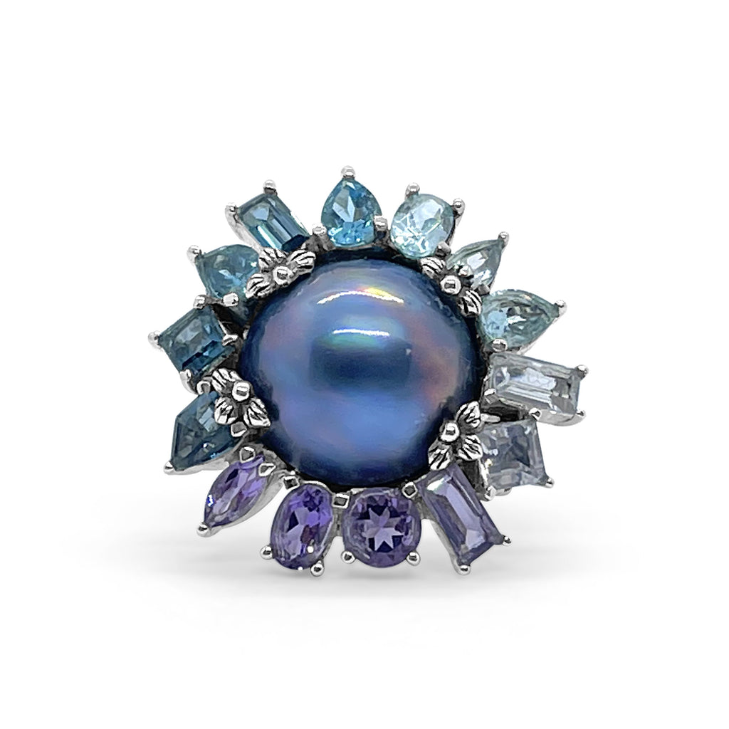 Rockrageous Mabe Pearl Amethyst Blue Topaz and Lavender Moon Quartz Ring in Sterling Silver.