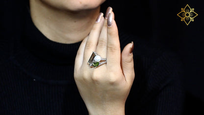 Rockrageous Green Amethyst Peridot and Pearl Ring in Sterling Silver