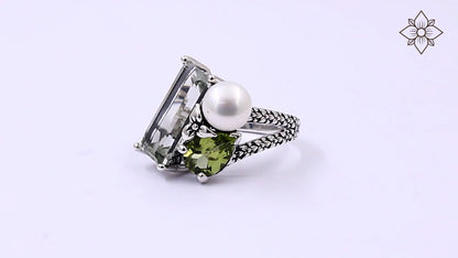 Rockrageous Green Amethyst Peridot and Pearl Ring in Sterling Silver