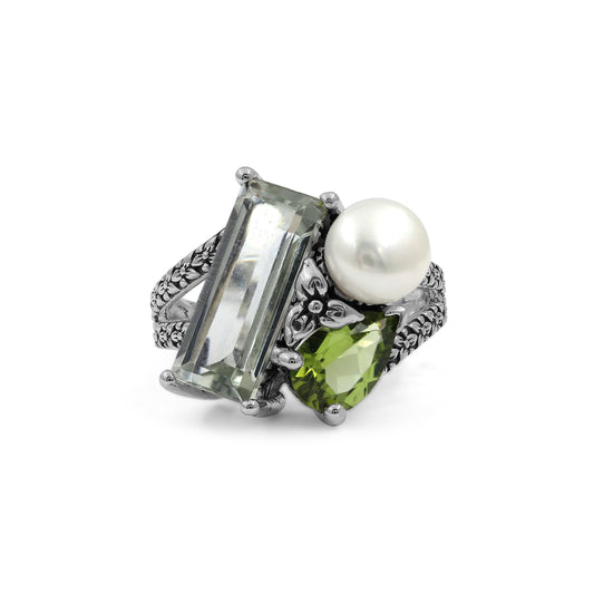 Rockrageous Green Amethyst Peridot and Pearl Ring in Sterling Silver