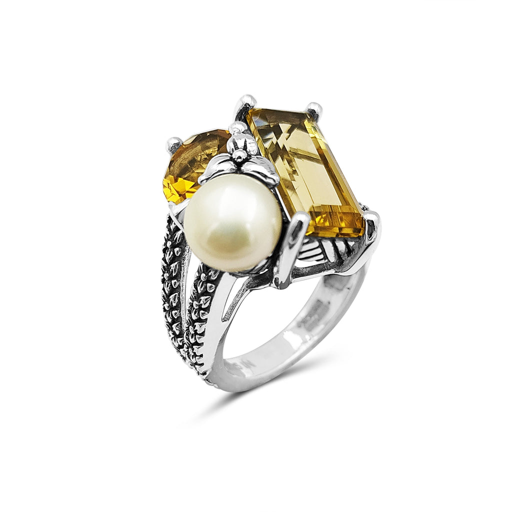 Rockrageous Three stone cluster ring with white pearl and citrine and orange citrine gemstones set in sterling silver