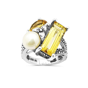 Rockrageous Three stone cluster ring with white pearl and citrine and orange citrine gemstones set in sterling silver