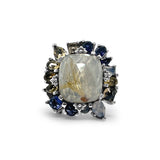 Rockrageous Gold Hair Rutilated Quartz Iolite Chalcedony Citrine Cognac Champagne and Smoky Quartz Ring in Sterling Silver