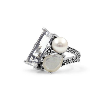 Rockrageous Natural Quartz Mother of Pearl and Pearl Ring in Sterling Silver