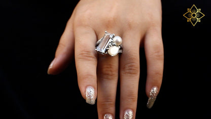Rockrageous Natural Quartz Mother of Pearl and Pearl Ring in Sterling Silver