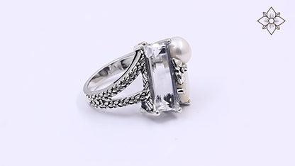 Rockrageous Natural Quartz Mother of Pearl and Pearl Ring in Sterling Silver