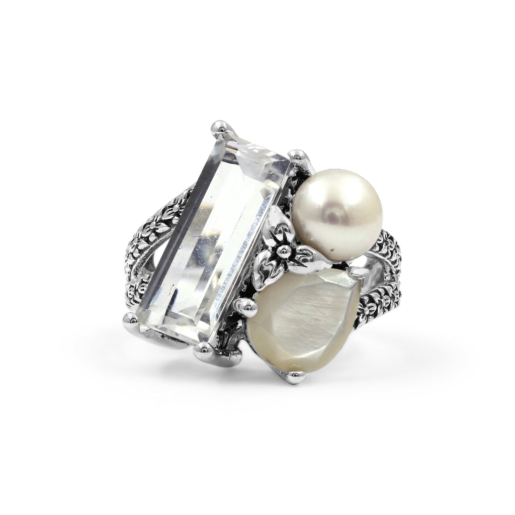 Rockrageous Natural Quartz Mother of Pearl and Pearl Ring in Sterling Silver