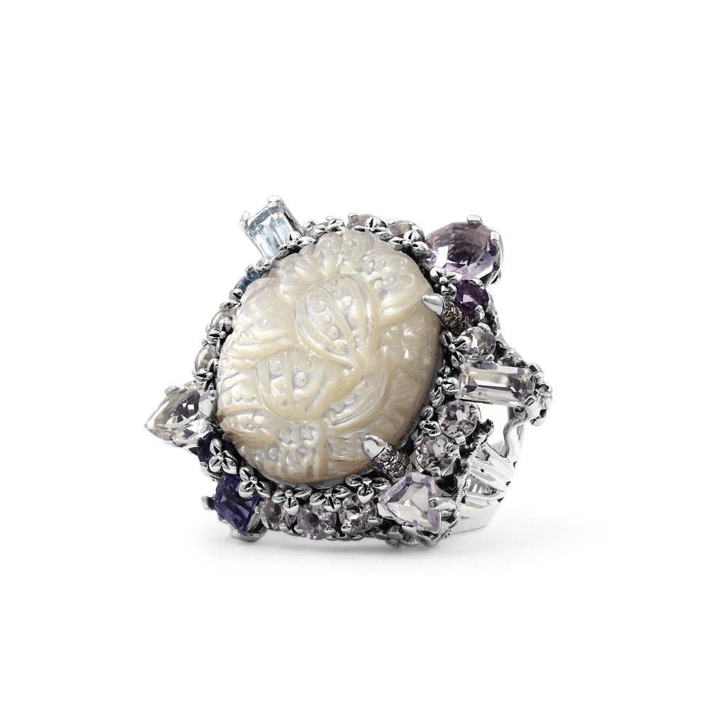 Rockrageous Hand Carved Mother of Pearl Lavender Moon Quartz Amethyst Iolite Blue and White Topaz Ring In Sterling Silver