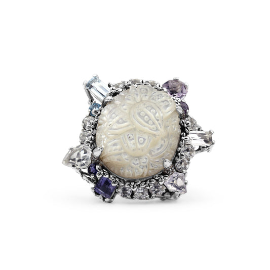 Rockrageous Hand Carved Mother of Pearl Lavender Moon Quartz Amethyst Iolite Blue and White Topaz Ring In Sterling Silver