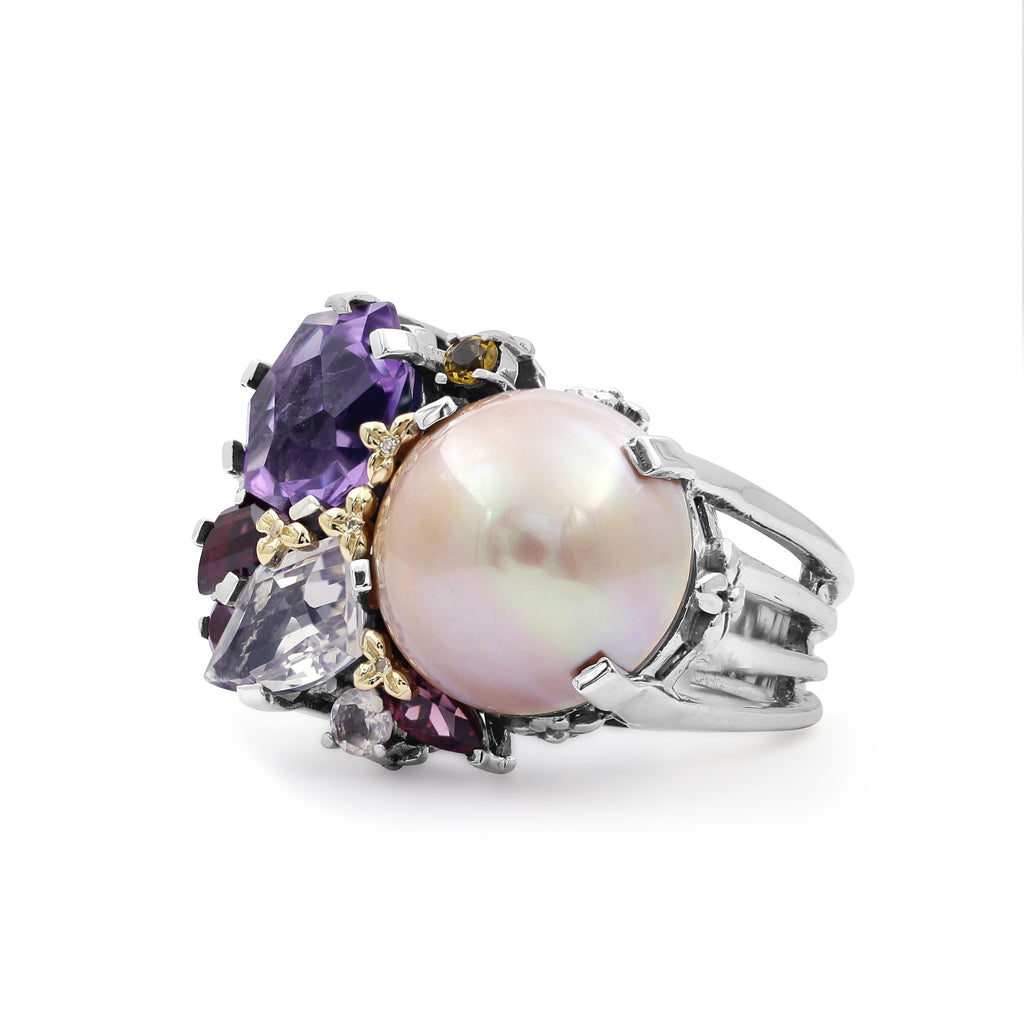 Rockrageous Multi-Hued Citrine Rhodolite Garnet Tourmaline Amethyst Sapphire and Mabe Pearl Ring in Sterling Silver with 18K Gold and Diamond Flowers